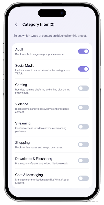 Category Filter: Adult, Social Media, Gaming.