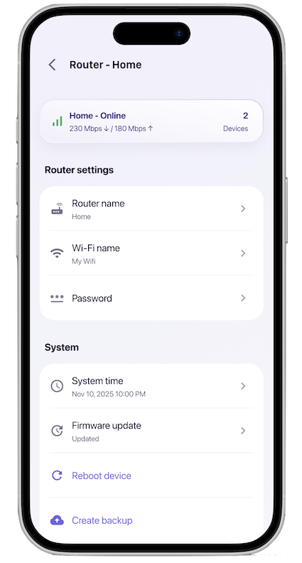 Settings Screen: Router, Wi-Fi name, System time.
